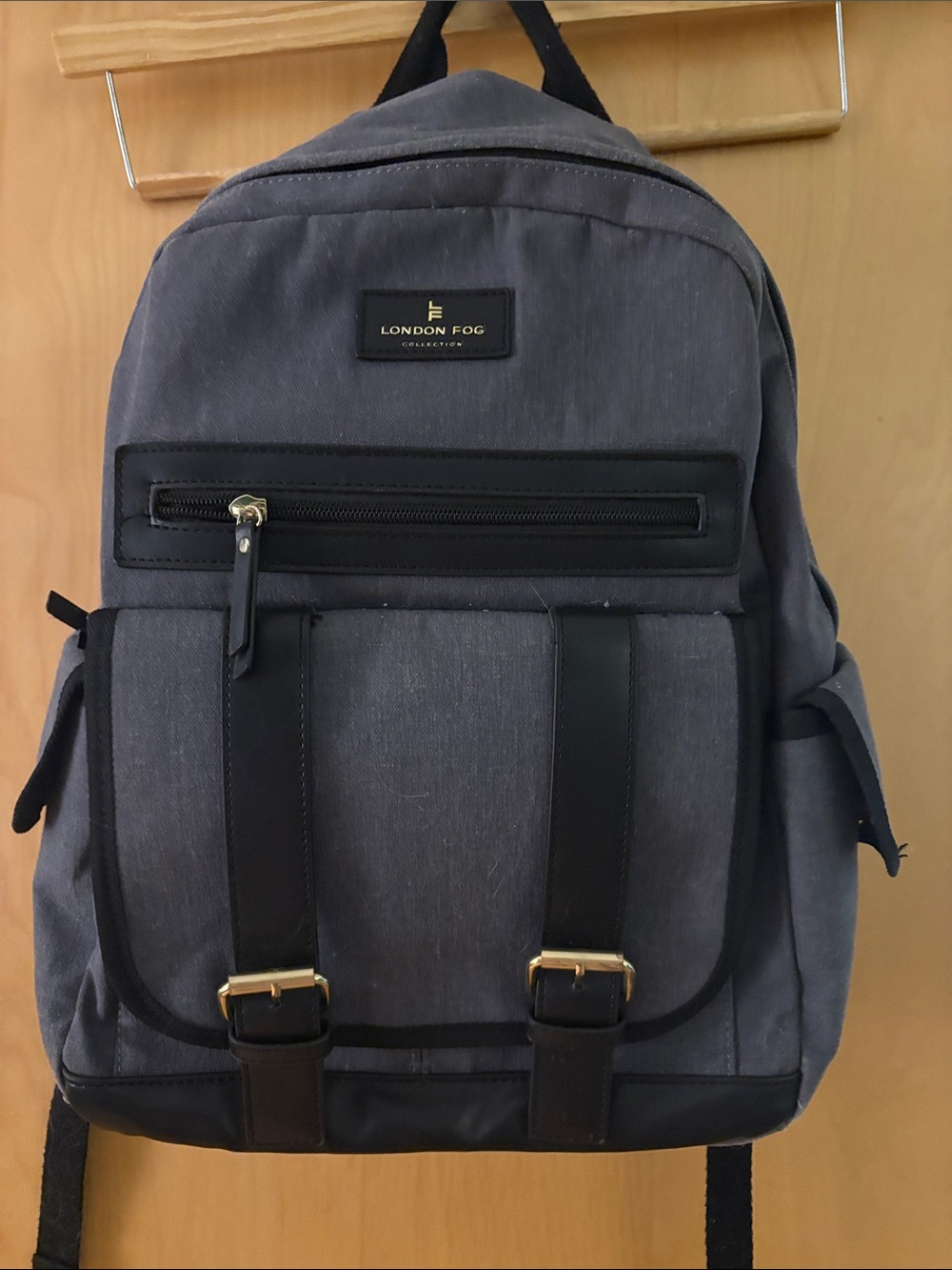 London Fog Gray and Black Backpack with Front Buckle Pockets